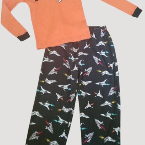 CARTER’S Orange and Black Thermal Fleece Spaceship Print Pajamas Boys Size 7 * - Picture 2 of 3